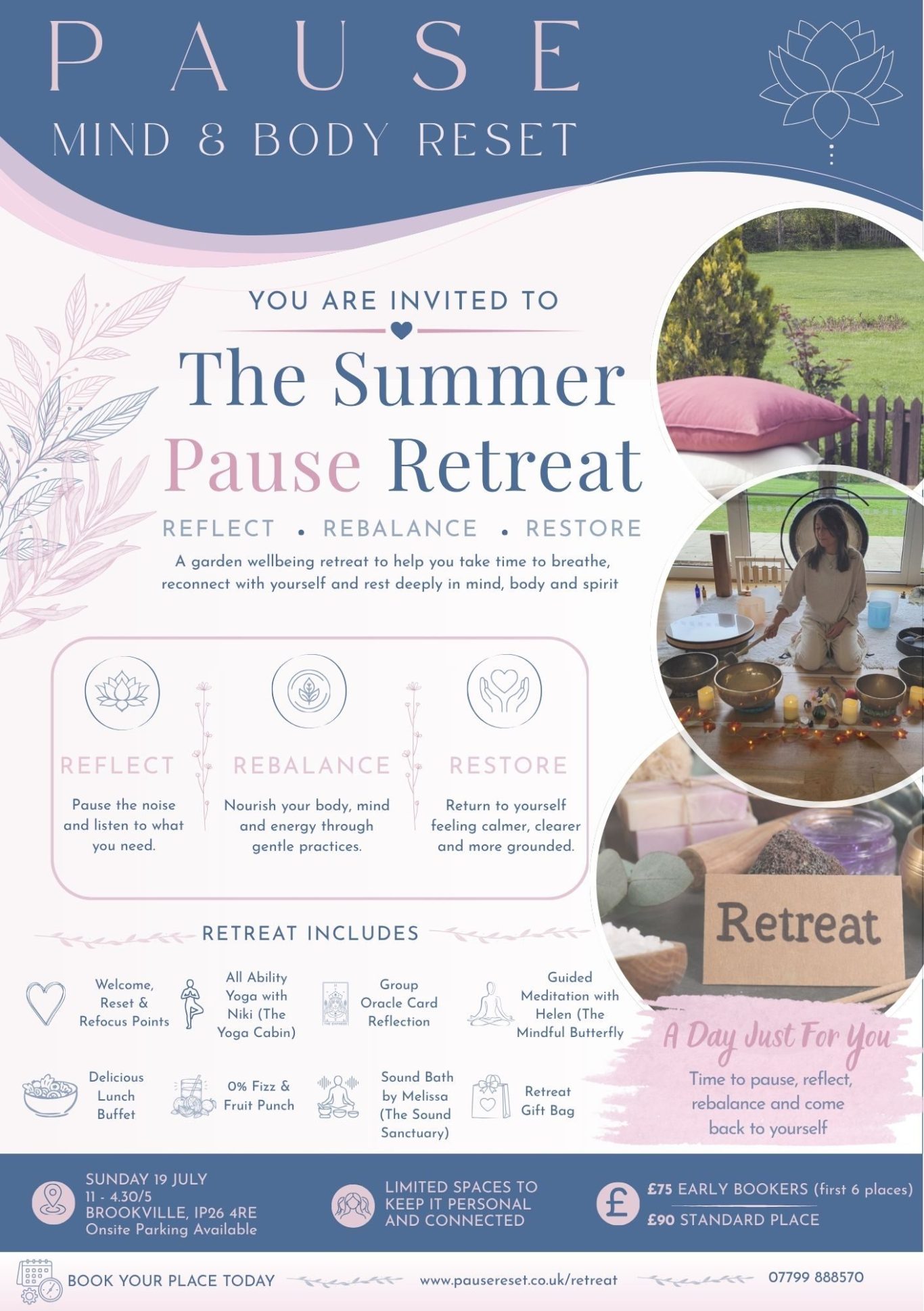The Summer Pause Retreat Promotional flyer for The Summer Pause Retreat by Pause Mind & Body Reset. The design uses soft blue and pink branding with floral details a